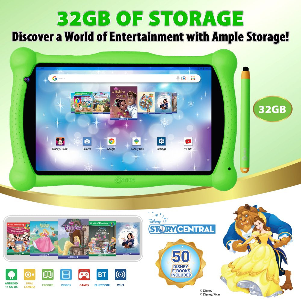 Contixo 7" Android Kids Tablet 32GB, Includes 50+ Disney Storybooks & Stickers, Protective Case with Kickstand & Stylus, (2023 Model) - Green