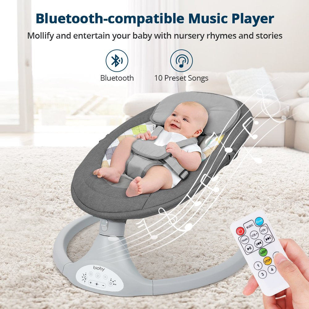 Bioby Electric Baby Swing Chair, Infant Swing with Remote Control, Built-in Bluetooth, Soft Music, Sway in 5 Speeds, Seat Belt, Gifts