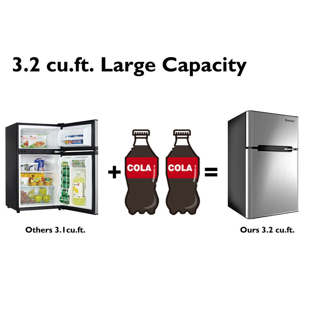 Costway  Refrigerator Small Freezer Cooler Fridge Compact 3.2 cu ft. Unit, Grey