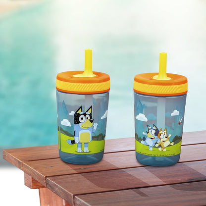 Zak Designs 15 oz Travel Straw Tumbler Plastic and Silicone with Leak-Proof Valve for Kids, 2-Pack Bluey