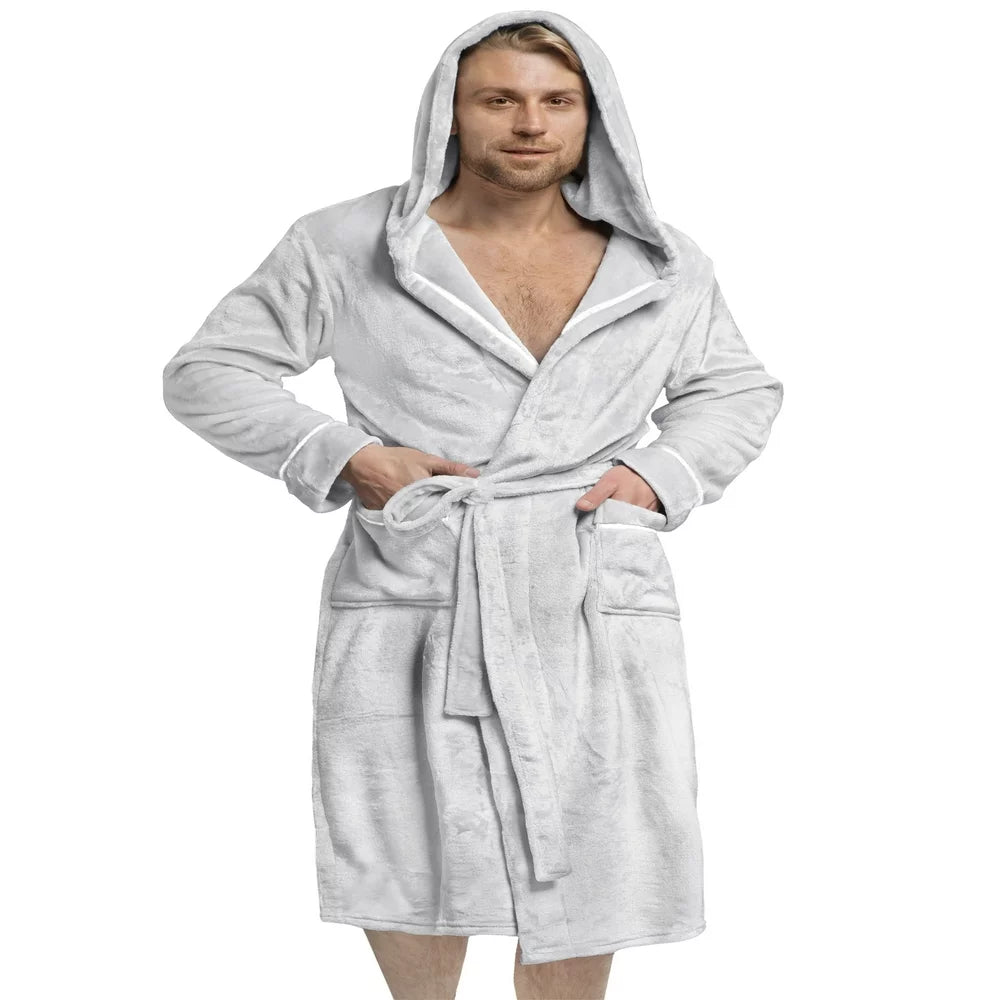 PAVILIA Mens Robe, Hooded Soft Robe for Men, Warm Bathrobe with Hood for Bath Shower Spa with Shawl Collar, Pockets, Satin Trim, Plush Fleece - Black