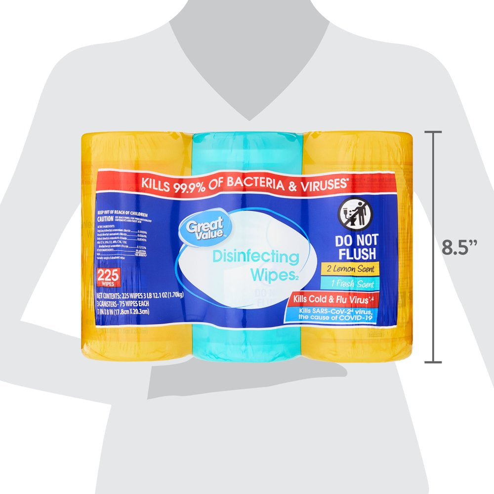 Great Value Disinfecting Wipes, Fresh and Lemon Scent, 225 Wipes