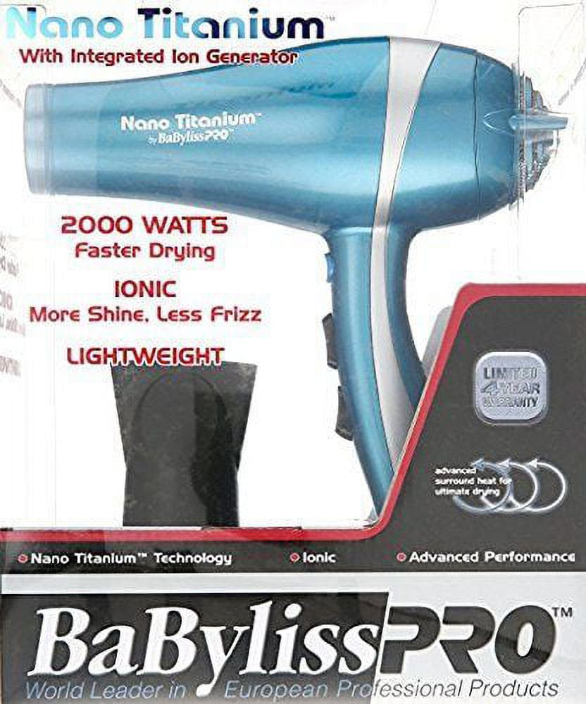 BaBylissPRO Nano Titanium Mid-Size Ionic Hair Dryer, 2000 Watts, Blue