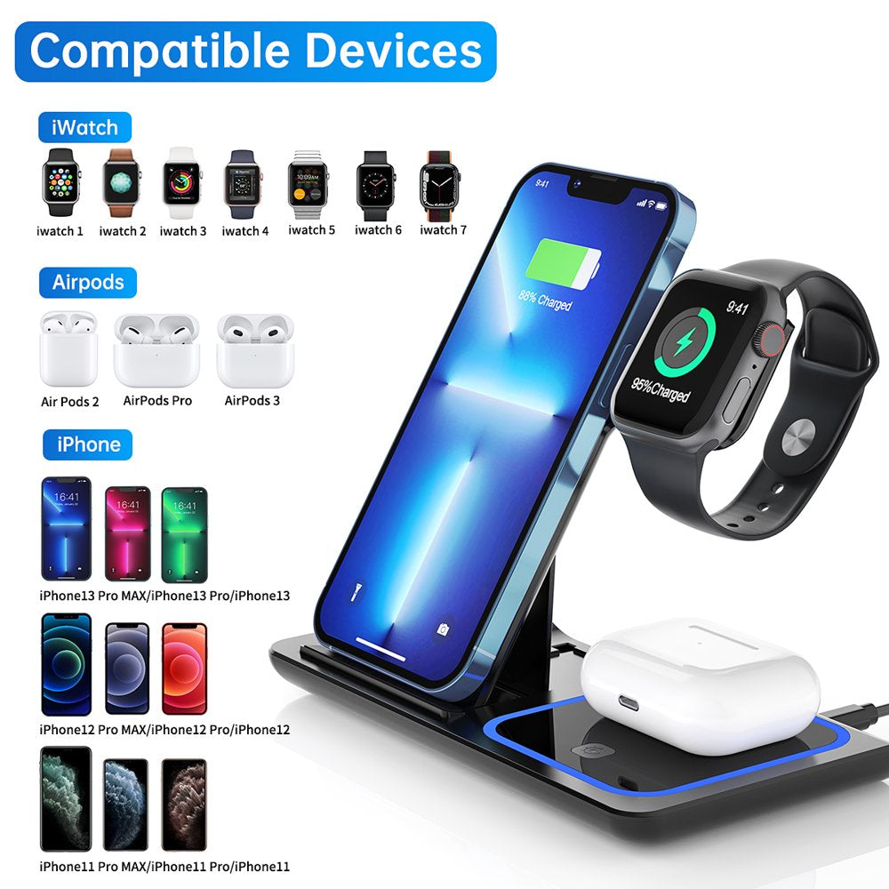 Wireless Charger, 3 in 1 Fast Charging Station for Apple iWatch Series 8/7/6/5/4/3/2/1,AirPods, Wireless Charging Stand for iPhone 14 13/12/11 Series/XS MAX/XR/XS/X/8/8 Plus/Samsung