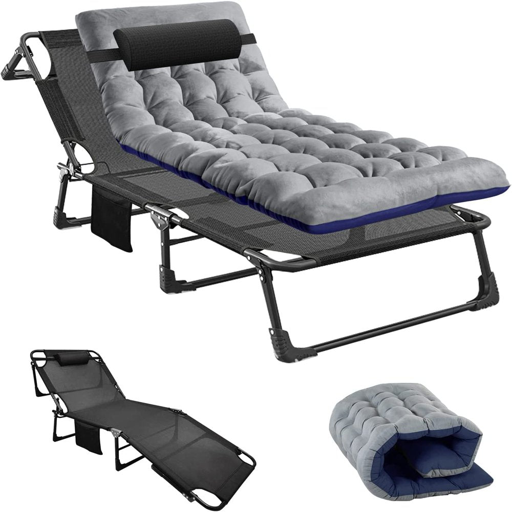 Slsy Portable Folding Camping Cot Bed with 2 Sided Mattress & Pillow, Adjustable 5-Position Folding Lounge Chair, Folding Cot Bed