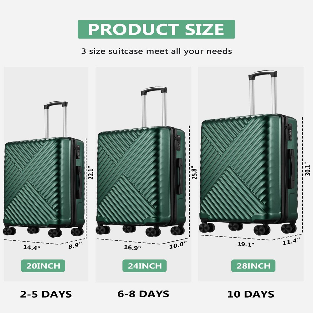 Luggage 3 Piece Set  PC +ABS Hard Shell Suitcase Set with Spinner Wheels and TSA Lock , Carry on and checked luggage, Deep Green