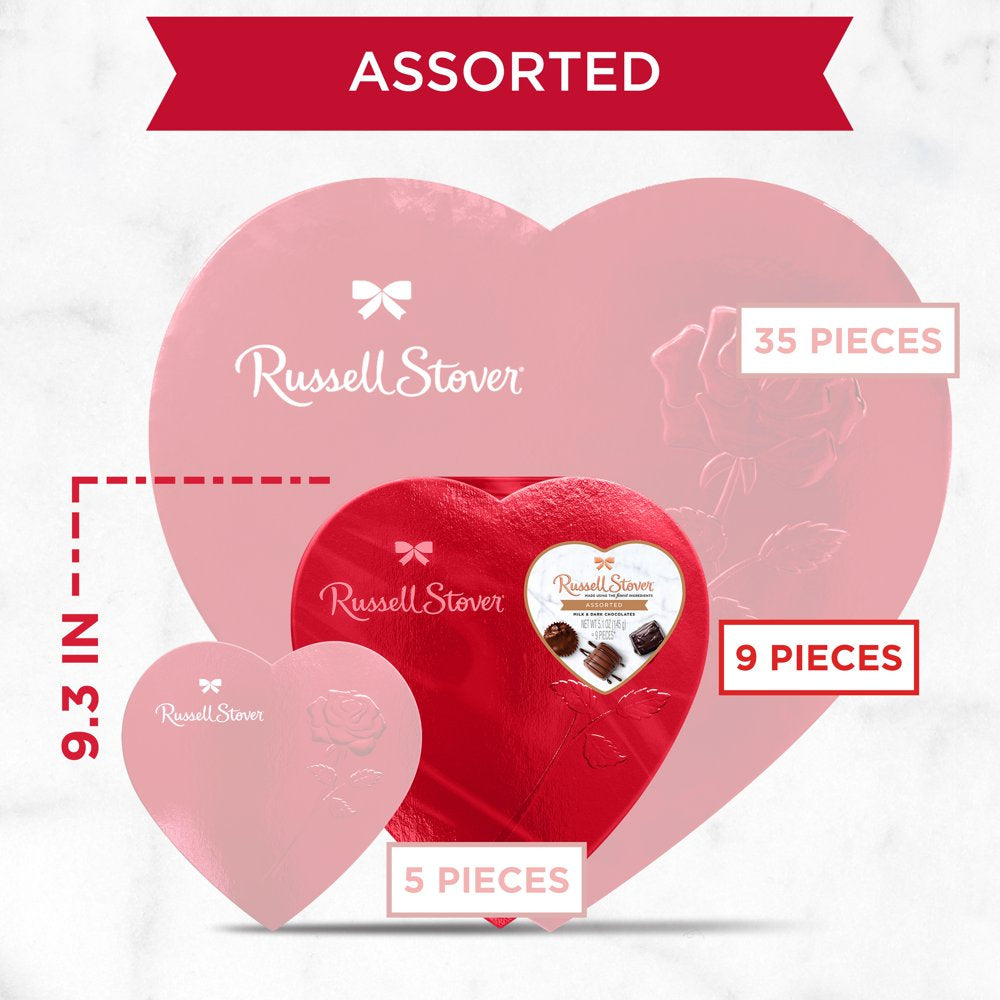 Russell Stover Valentine's Day Red Foil Heart Assorted Milk & Dark Chocolate Gift Box, 5.1 oz. (9 Pieces)