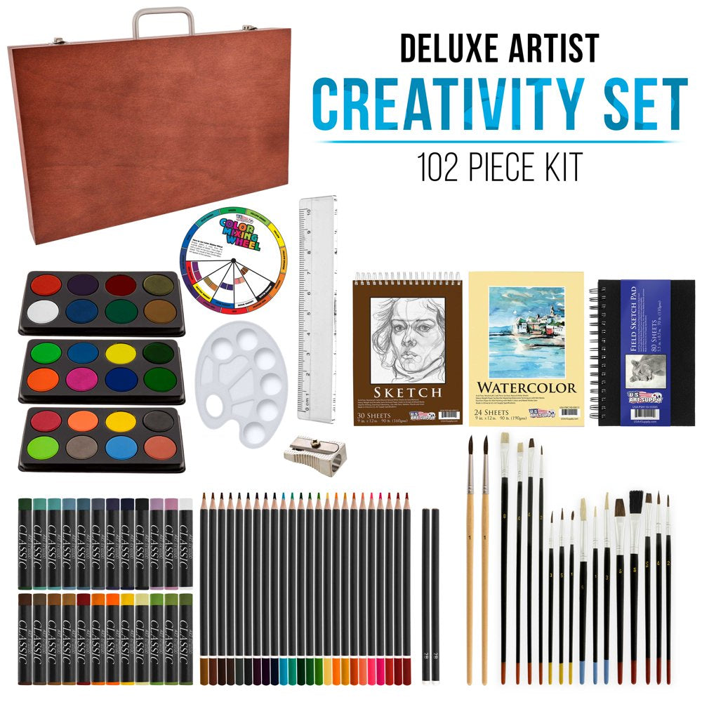 102-Piece Deluxe Art Creativity Set with Wooden Case - Artist Painting, Sketching and Drawing Set, 24 Watercolor Paint Colors, 17 Brushes, 24 Colored Pencils, Sketch & Painting Pads