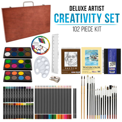 102-Piece Deluxe Art Creativity Set with Wooden Case - Artist Painting, Sketching and Drawing Set, 24 Watercolor Paint Colors, 17 Brushes, 24 Colored Pencils, Sketch & Painting Pads