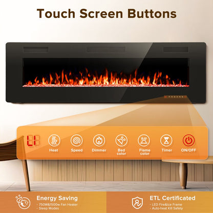 Auseo 60 inch Embedded Wall Mounted Indoor Fireplace, Ultra-thin Low Noise Lightweight LED Fireplace Heater, Touch Screen, Timer, 1500W, Adjustable Flame Color and Speed, Black