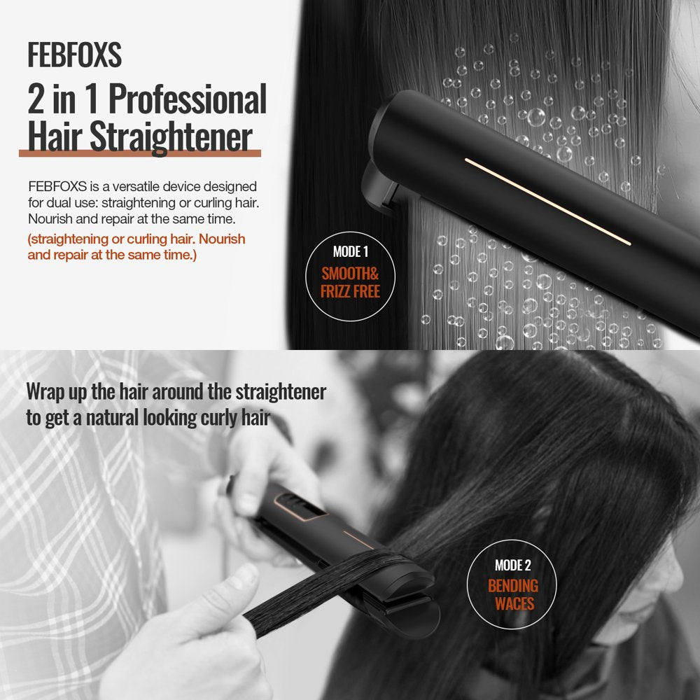  Professional Flat Iron 2 in 1 Hair Straightener & Curling Iron Styling Tool,5S Fast Heat 1" Ceramic Flat Iron,Adjustable Temp,Led Display,Black