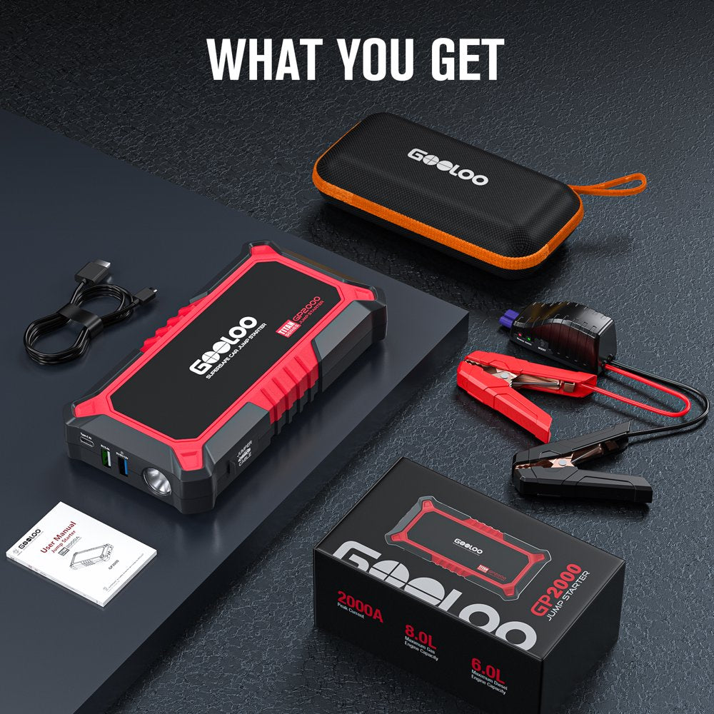 GOOLOO Jump Starter,2000A Peak 12V Car Jump Box (Up to 8.0L Gas and 6.0L Diesel Engine),Portable Battery Booster Car Starter with USB Quick Charge