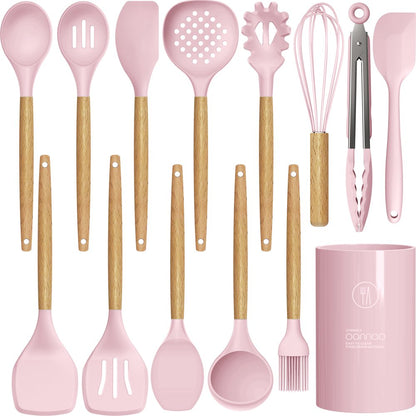 Silicone Cooking Utensils Kitchen Utensil Set - 446°F Heat Resistant,Turner Tongs,Spatula,Spoon,Brush,Whisk. Wooden Handles Khaki Kitchen Gadgets Tools Set for Non-Stick Cookware (BPA Free)