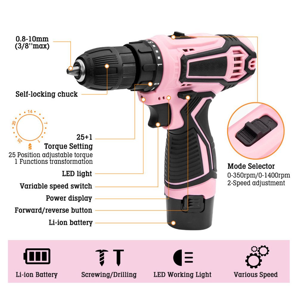 12V Pink Cordless Lithium-ion Drill Set and Pink Tool Set Kit,Home Tool Set Kit for DIY, Lady's Home Repairing Tool Kit with 12-Inch Wide Mouth Open Storage Tool Bag