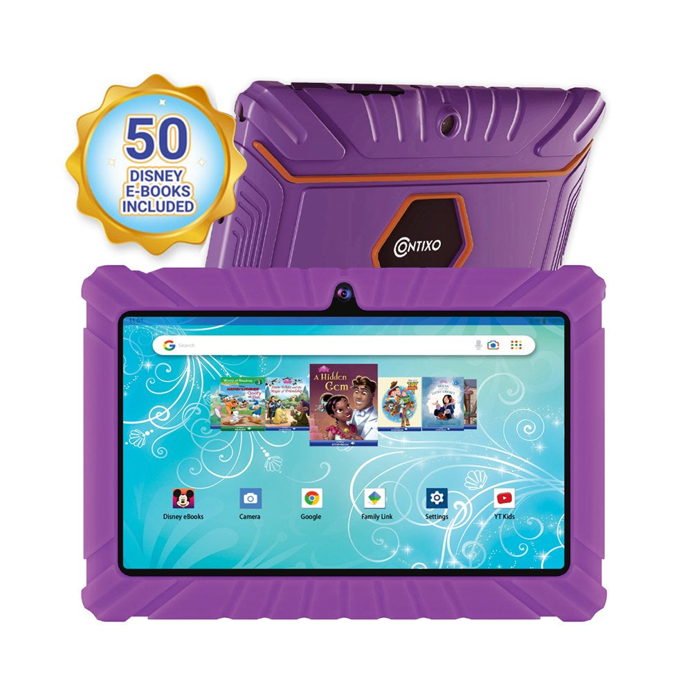 Contixo 7" Android Kids Tablet 32GB, Includes 50+ Disney Storybooks & Stickers, Kid-Proof Case, (2023 Model) - Purple