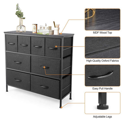 3-Tier 8 Drawer Dresser, Dresser Chest for Bedroom Cationic Fabric Drawers Organizer with Handle, Wood Top Tower Storage with 4 Adjustable Foot Pads /Anti-Tip/Heavy Duty Closet Shelf, Black