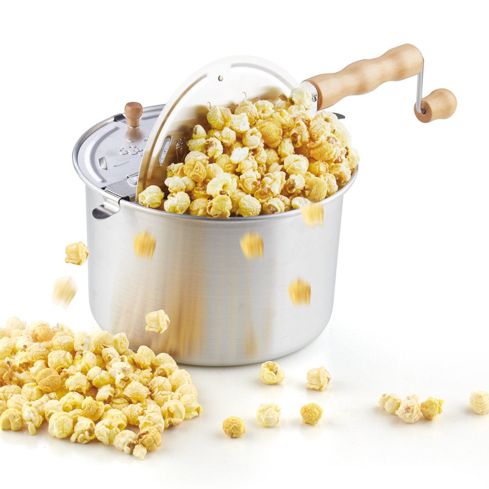  Stovetop Popcorn Popper with Crank, 6-Quart Aluminum Popcorn Pot, Silver