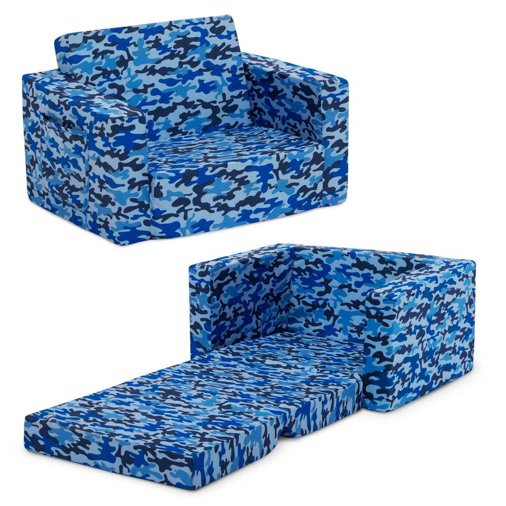 Delta Children Cozee Flip-Out Chair - 2-in-1 Convertible Chair to Lounger for Kids, Blue Camo