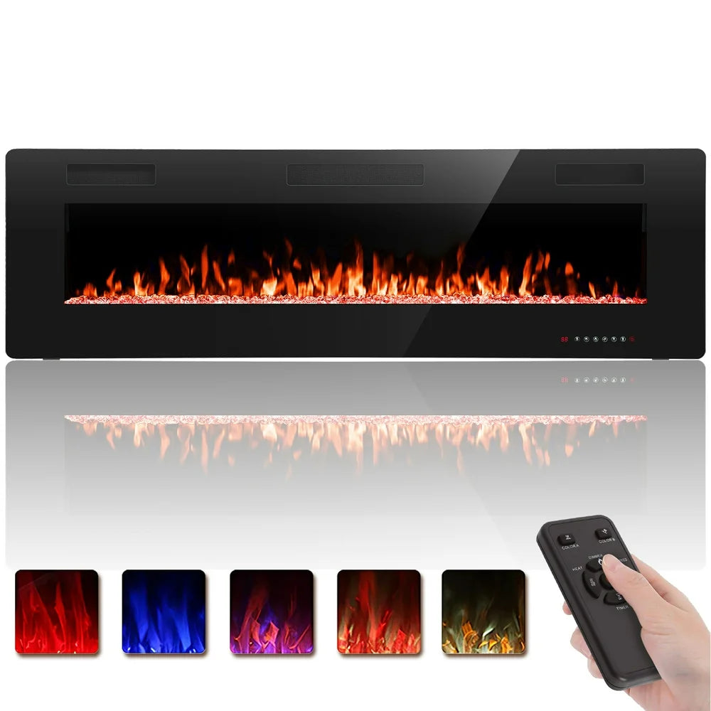 Auseo 60 inch Embedded Wall Mounted Indoor Fireplace, Ultra-thin Low Noise Lightweight LED Fireplace Heater, Touch Screen, Timer, 1500W, Adjustable Flame Color and Speed, Black