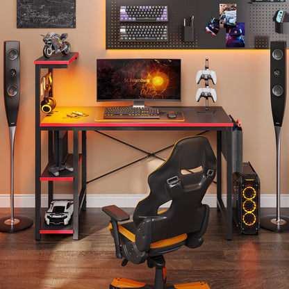 Bestier Reversible 44 inch Computer Desk with LED Lights Gaming Desk , 4 Tier Shelves Carbon Fiber