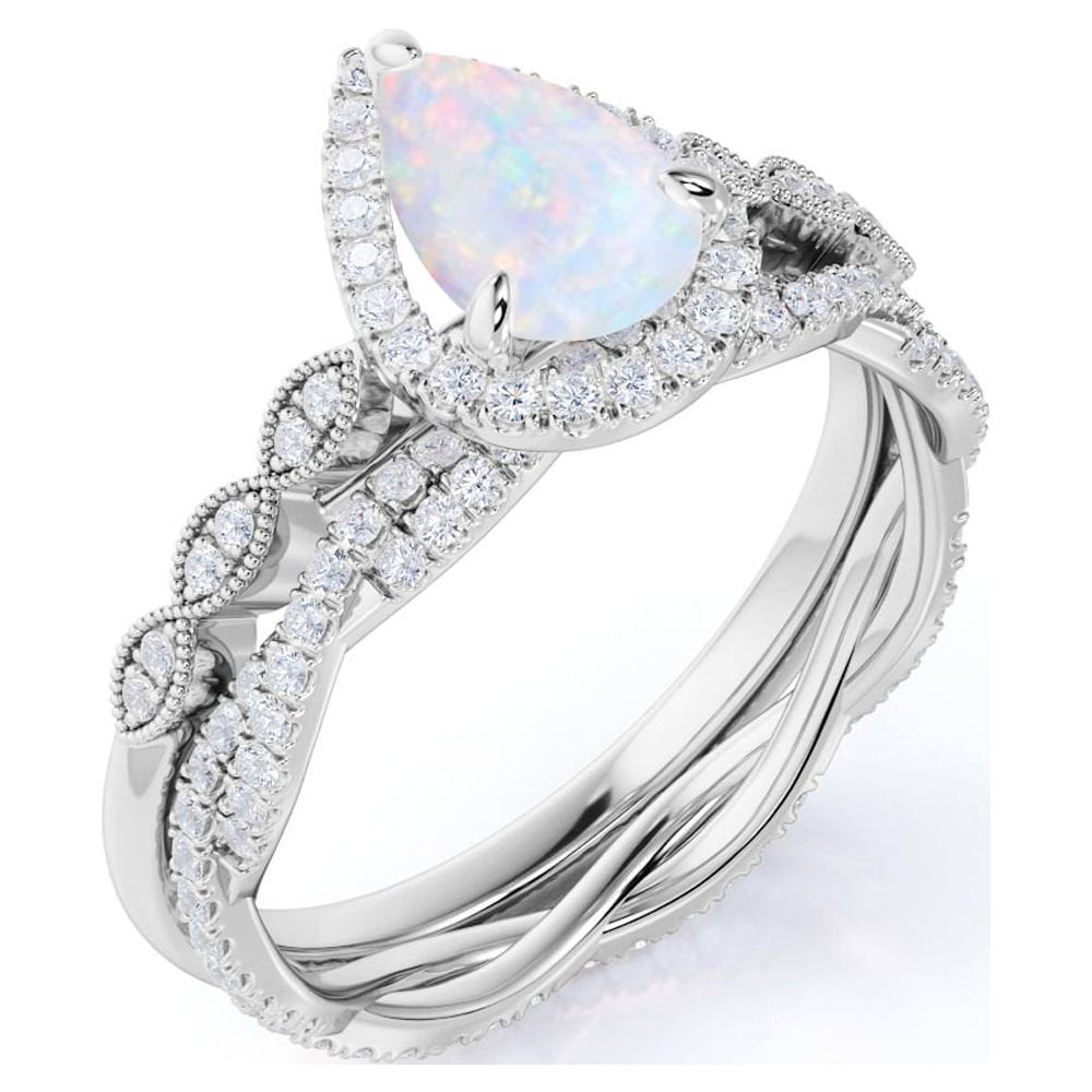 1.5 Carat Pear Shaped Fire Opal and Moissanite Vintage Wedding Ring Set in 18K White Gold over Silver