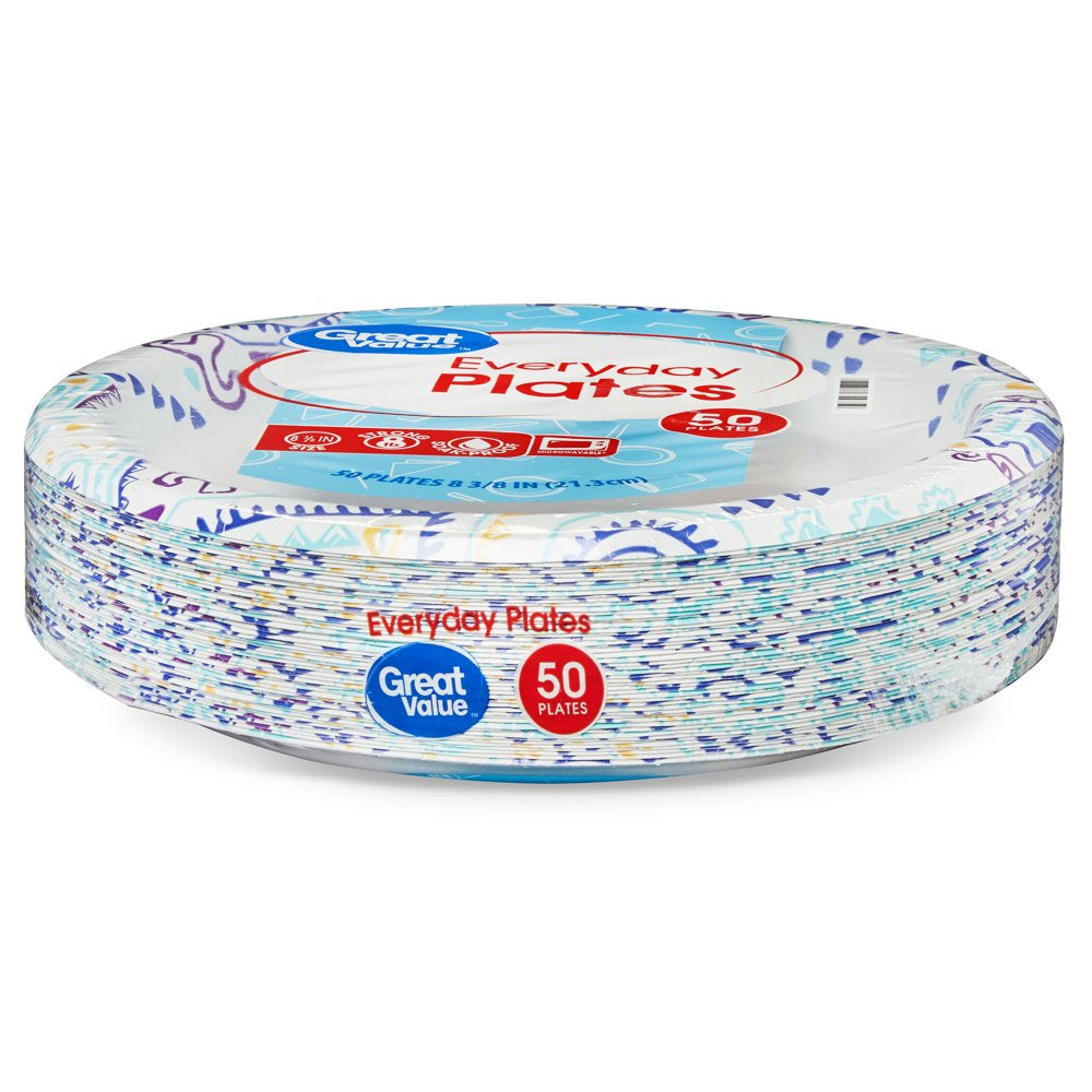 Great Value Everyday Strong, Soak Proof, Microwave Safe, Disposable Paper Plates, 8.5", Patterned, 50 Count