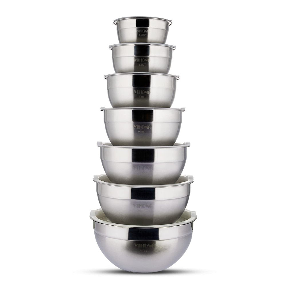 YIHONG Stainless Steel Mixing Bowls Set, 7 Pcs Metal Bowls with Lids for Kitchen, 0.7-4.5 Quarts, White