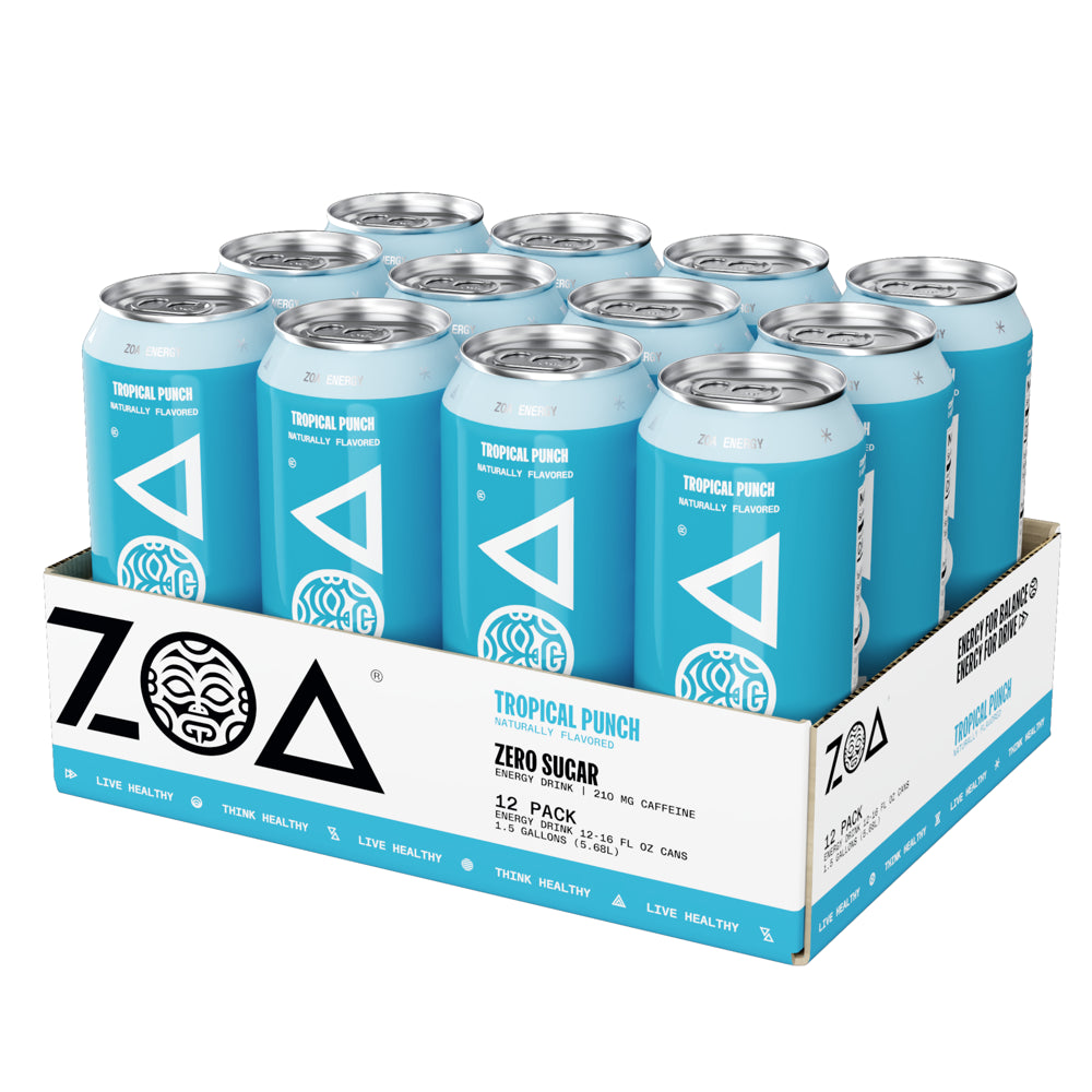 ZOA Zero Sugar Energy Drink, Tropical Punch, 16oz (12-Pack)