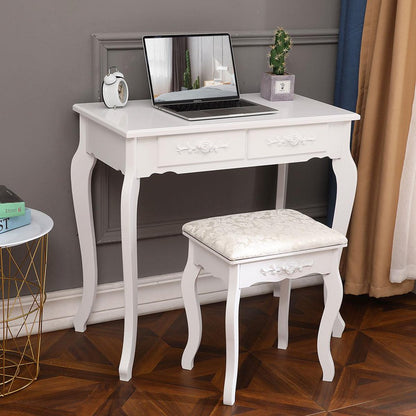 Ktaxon Elegance White Dressing Table Vanity Table and Stool Set Wood Makeup Desk with 4 Drawers & Mirror