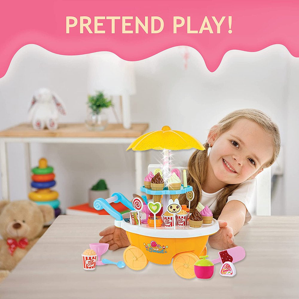 ToyVelt Ice Cream Toy Cart Play Set for Kids - 39-Piece Pretend Play Food - Educational Ice-Cream Trolley Truck with with Music & Lighting - Great Gift for Girls and Boys Ages 2 - 12 Years Old