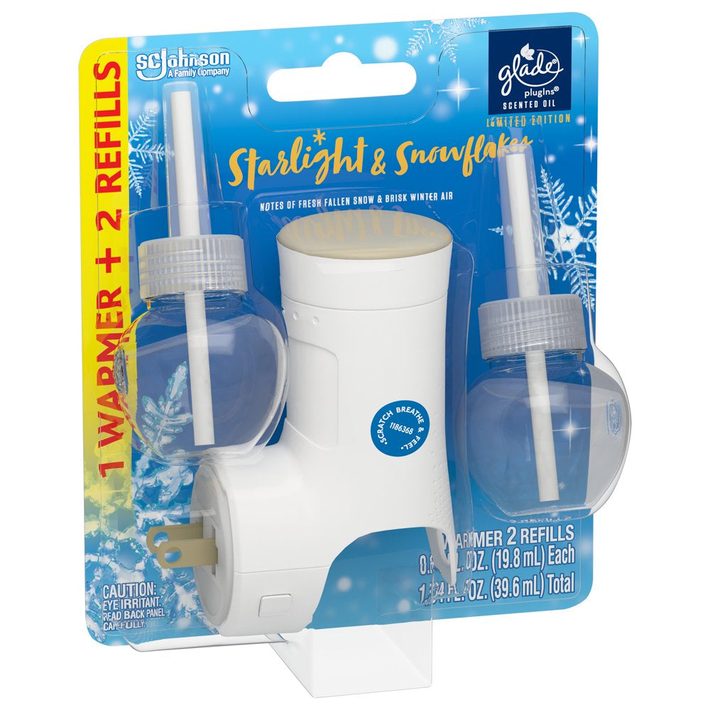 Glade PlugIns Scented Oil, Air Freshener, 1 Warmer + 2 Refills, Starlight & Snowflakes, 0.67 oz Each, 1.34 oz Total