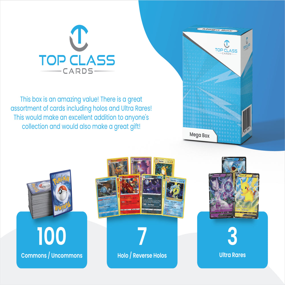 Top Class Cards Mega Box | 100 Cards | 3 Guaranteed Ultra Rares | 7 Holo Cards | Compatible with Pokemon Cards