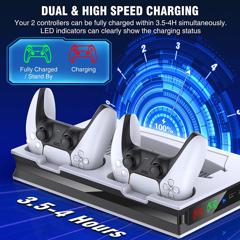  PS5 Stand Cooling Fan with Dual Controller Charger Station for Sony Playstation 5 Game Console,PS5 Controller Accessories-White