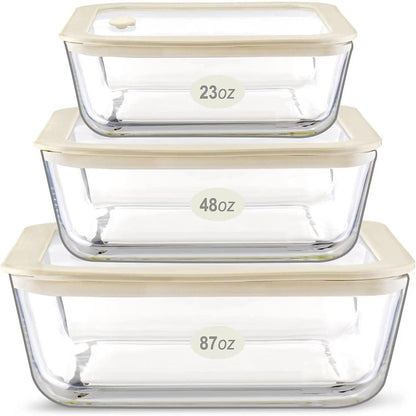 Glass Food Container Set with Glass Lid, Large Size 3 Pack, Glass Food Storage Containers with Silicone Framed Glass Lid, Airtight, LeakProof, 100% Plastic Free Glass Lid Container Set. Glass Meal...