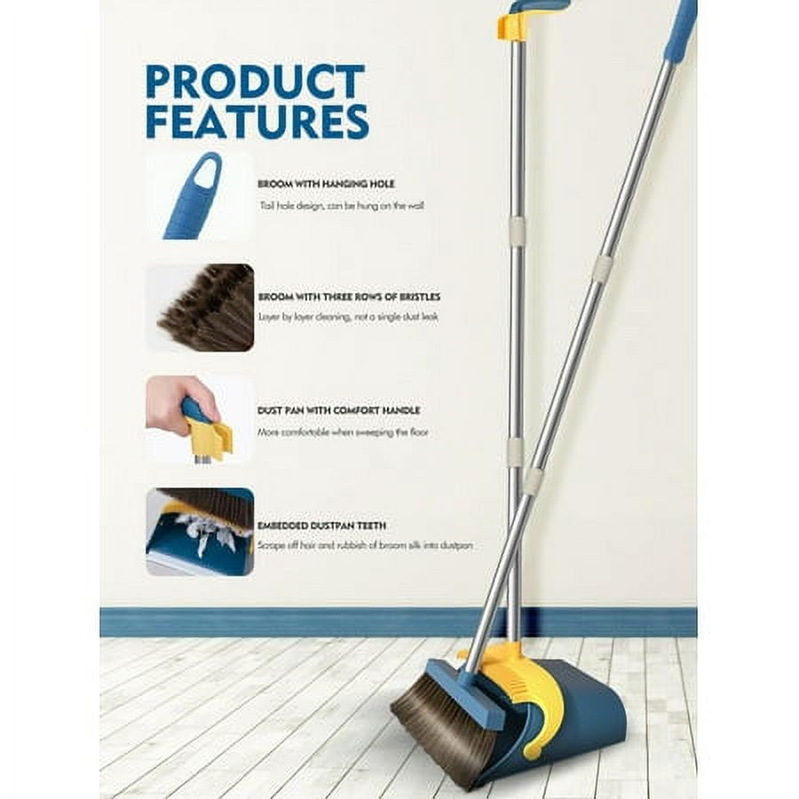 BIMZUC Upgrade 51.2'' Broom and Dustpan Set,Self-Cleaning with Dustpan Teeth,Broom and Dust Pan Combo-Blue