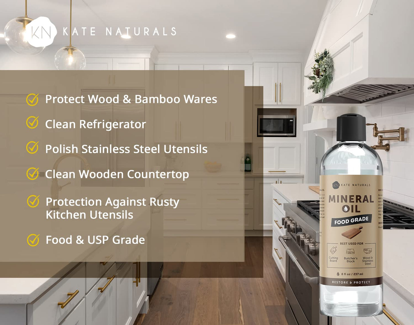 Kate Naturals Mineral Oil for Cutting Board 8oz. Food-Grade & Food Safe Mineral Oil to Protect Wood on Cutting Boards & Butcher Blocks