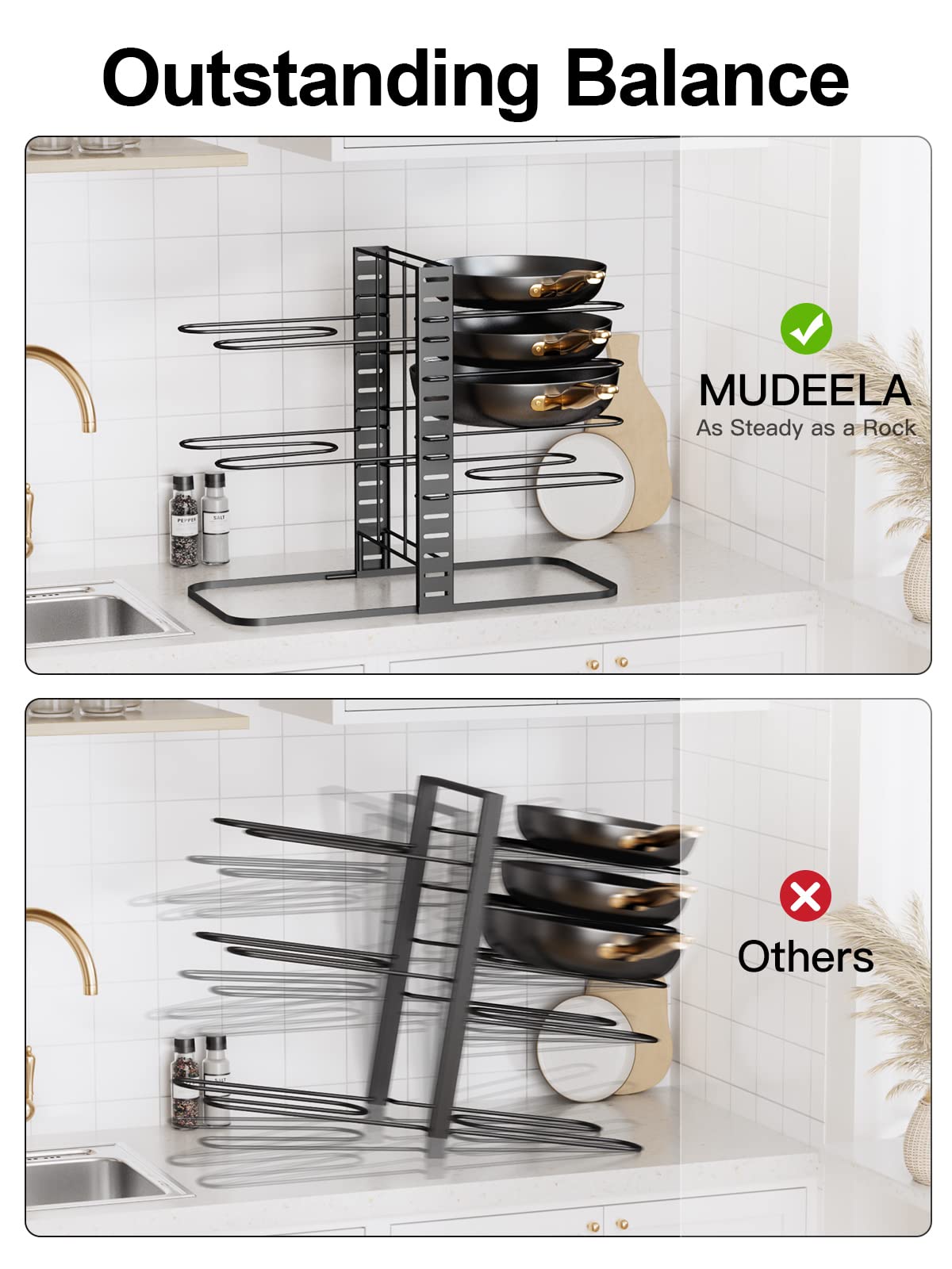 MUDEELA Pots and Pans Organizer : Rack under Cabinet, 8-Tier Kitchen Cabinet Organizers and Storage, Light-Duty Adjustable Pot Racks, Pot Organizers inside Cabinet with 3 DIY Methods