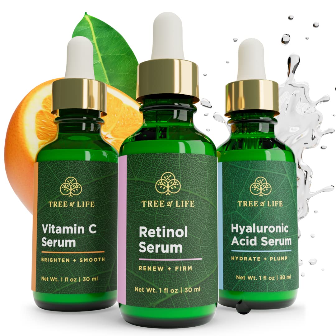 Tree of Life POWER TRIO for Brightening, Firming & Hydrating - Vitamin C Serum, Retinol Serum & Hyaluronic Acid - Smoothes & Hydrates Skin - Reduces Dark Spots, Fine Lines, & Wrinkles - 3ct x 1 Fl Oz