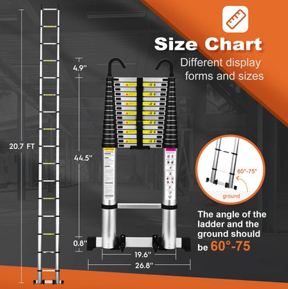 Telescoping Ladder, SocTone 20.3 FT Aluminum Lightweight Extension Ladder with Wheels and Stabilizer Bar, Heavy Duty 330lbs Max Capacity, Multi-Purpose Collapsible Ladder for RV or Outdoor Work