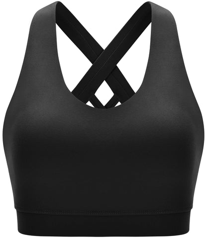 RUNNING GIRL Sports Bra for Women, Criss-Cross Back Padded Strappy Sports Bras Medium Support Yoga Bra with Removable Cups A-Black