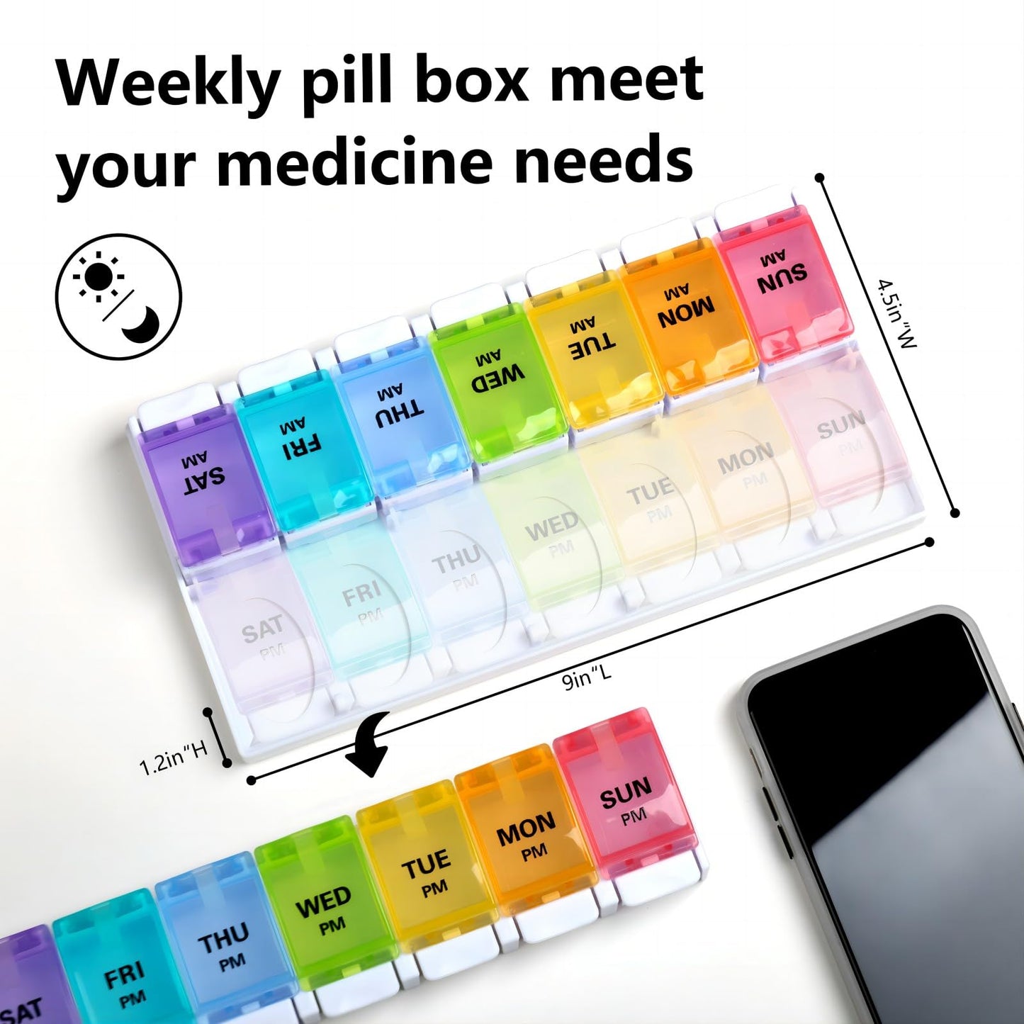 AM PM Weekly 7 Day Pill Organizer, Sukuos Large Daily Pill Cases with Easy Push Button Design for Pills/Vitamin/Fish Oil/Supplements (Rainbow)