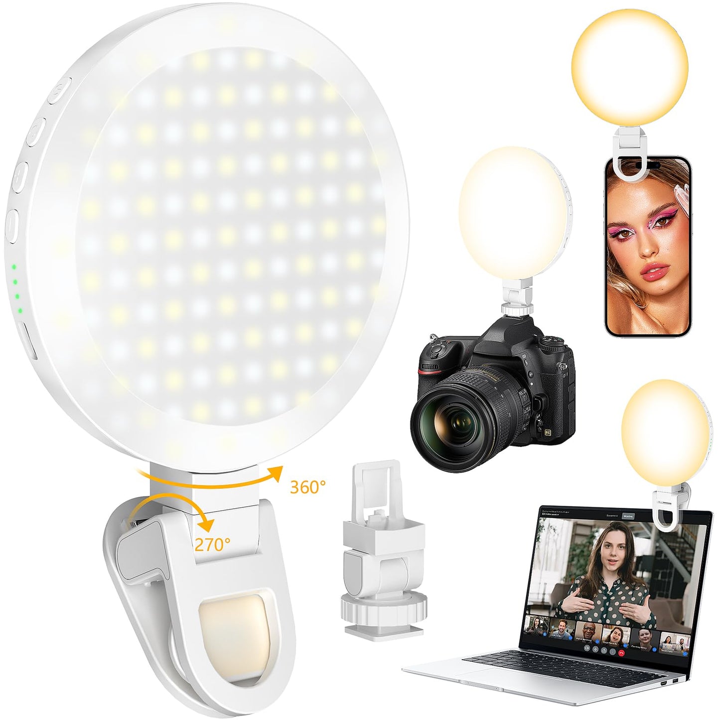 154 LED Phone Light, 5000Mah Rechargeable Selfie Light Clip Video Light, Adjusted 3 Light Modes, 10 Brightness Levels for Phone, Camera, Laptop, iPad, Light for Makeup, Video Conference, TikTok, Vlog