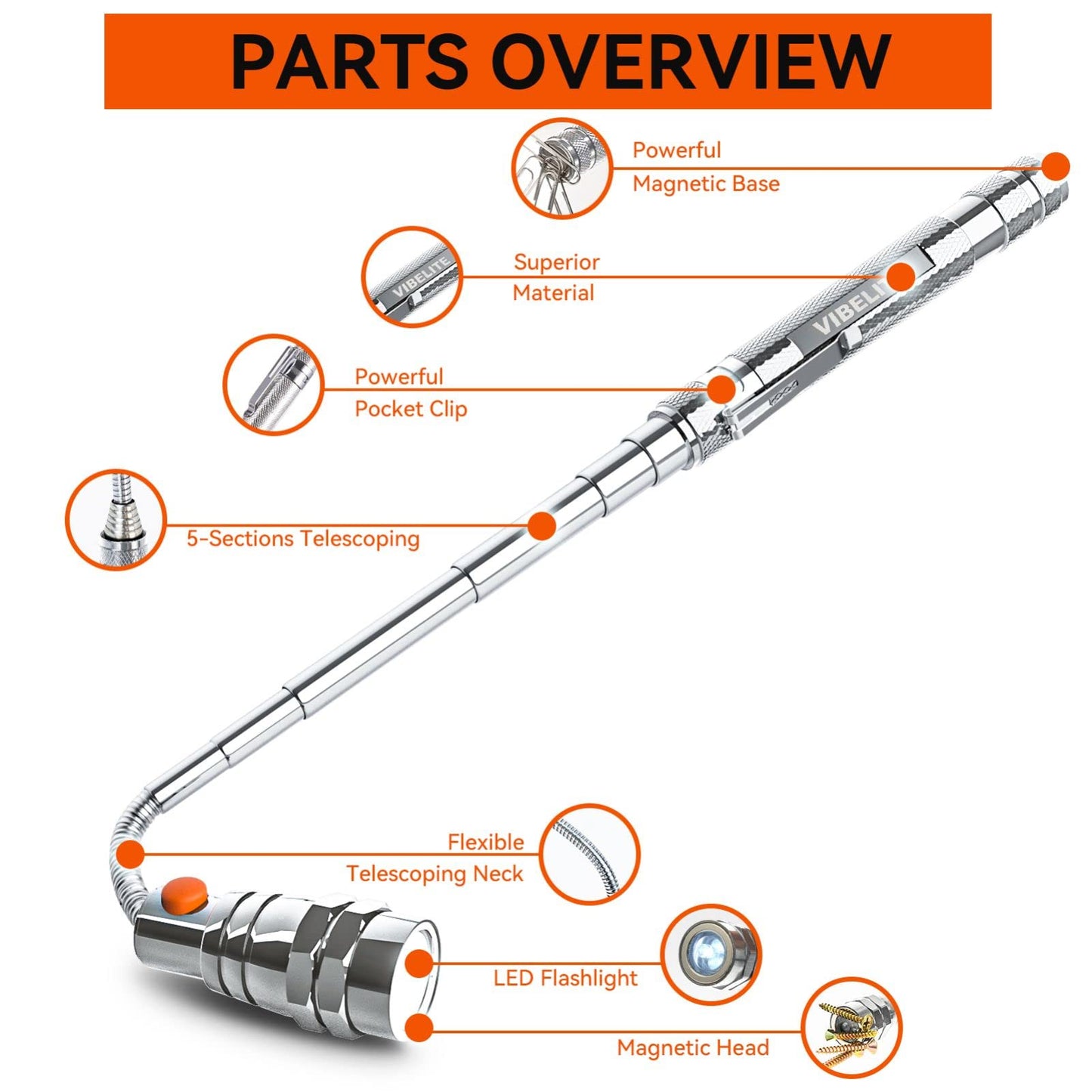 VIBELITE Extendable Magnetic Flashlight with Telescoping Magnet Pickup Tool-Cool Gadgets Gifts Idea & Christmas Stocking Stuffers for Men, Husband,Dad,Father,Mechanic,Tech,Handyman,Him Women, Silver