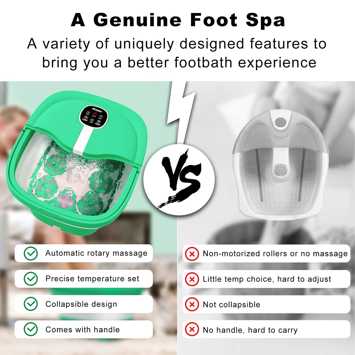 HOSPAN (2023.8 Upgrade Collapsible Foot Spa Electric Rotary Massage, Foot Bath with Heat, Bubble, Remote, and 24 Motorized Shiatsu Massage Balls. Pedicure Foot Spa for Feet Stress Relief - FS02A