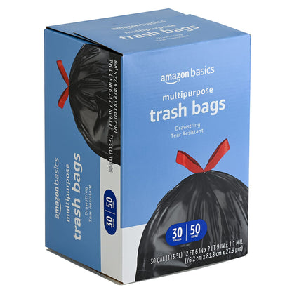 Amazon Basics Multipurpose Drawstring Trash Bags, Unscented, 30 Gallon, 50 Count (Previously Solimo)