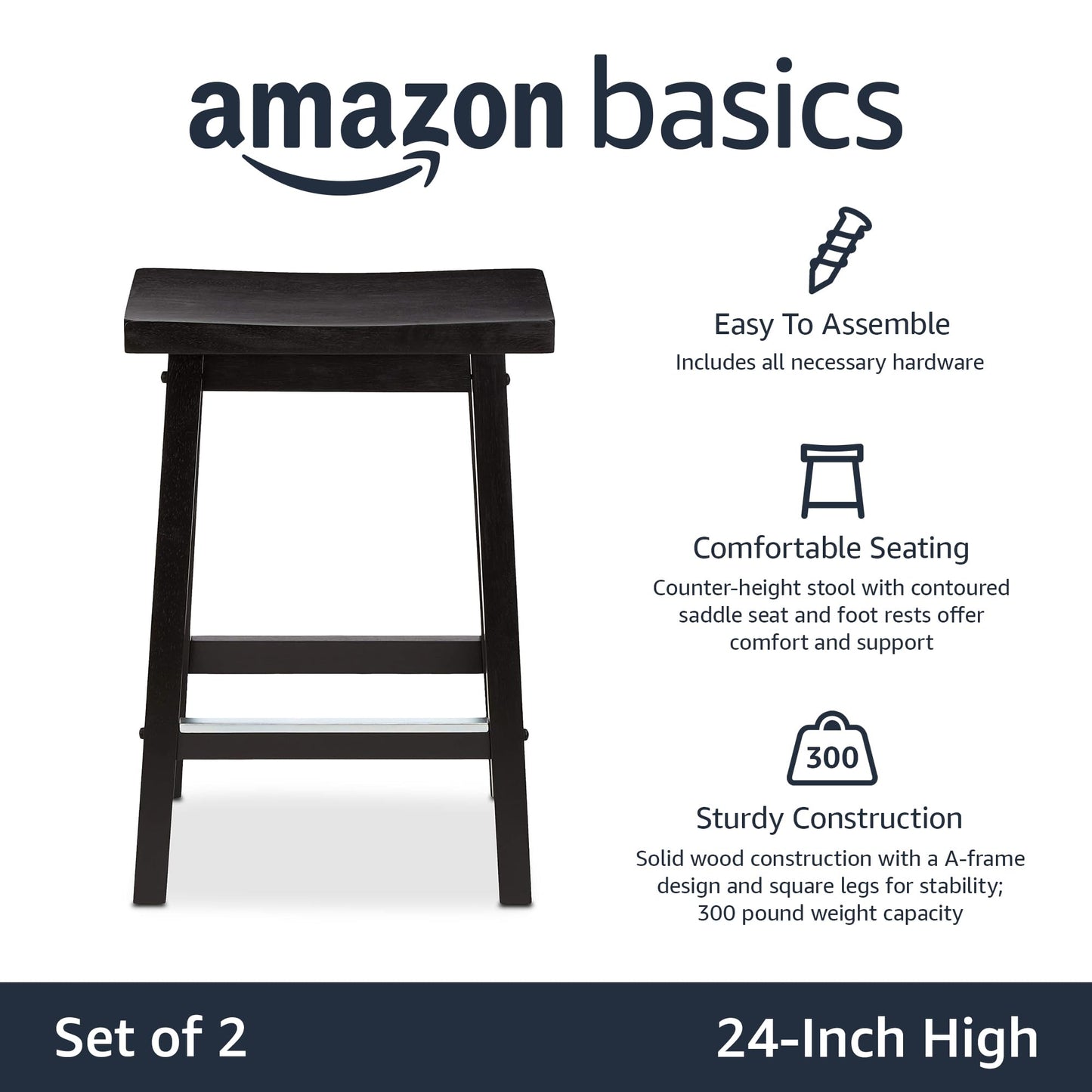 Amazon Basics Solid Wood Saddle-Seat Kitchen Counter-Height Stool, 24-Inch Height, Black - Set of 2