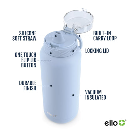 Ello Cooper Vacuum Insulated Stainless Steel Water Bottle with Soft Straw and Carry Loop, Double Walled, Leak Proof, Halogen Blue, 32oz