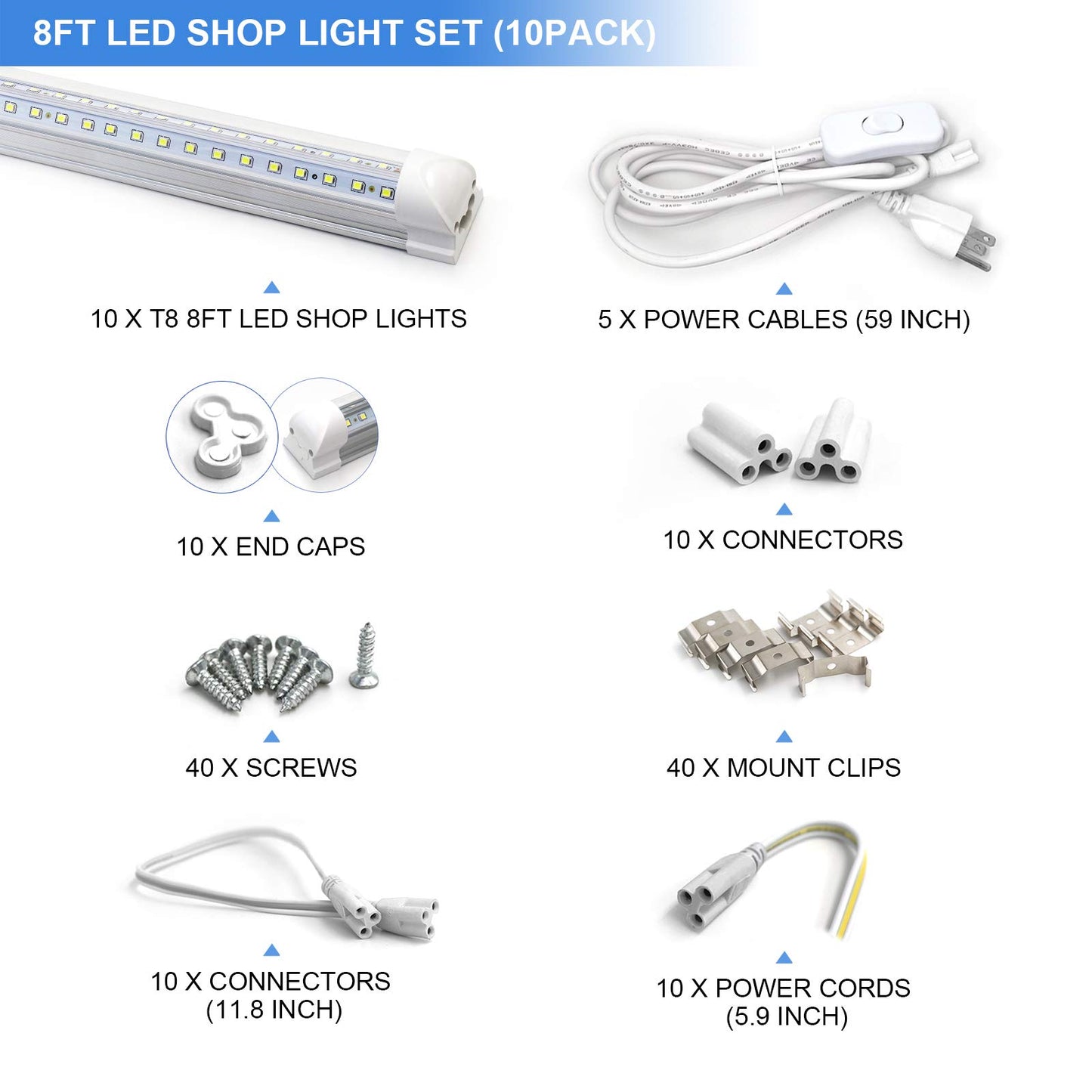 10-Pack 8ft LED Shop Light Fixture - 90W T8 Integrated LED Tube Light - 6500K 12000LM V-Shape Linkable - High Output - Clear Cover - Plug and Play - 270 Degree Lighting for Garage, Shop, Barn