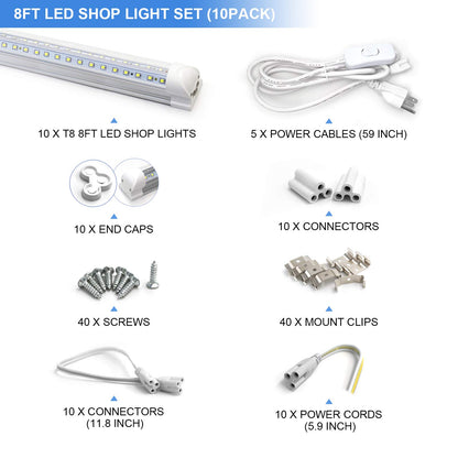 10-Pack 8ft LED Shop Light Fixture - 90W T8 Integrated LED Tube Light - 6500K 12000LM V-Shape Linkable - High Output - Clear Cover - Plug and Play - 270 Degree Lighting for Garage, Shop, Barn