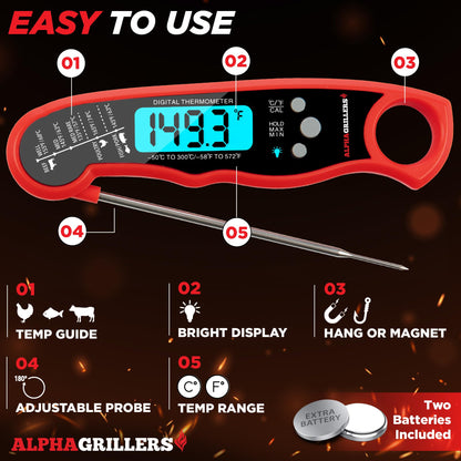 Alpha Grillers Instant Read Meat Thermometer for Grill and Cooking. Best Waterproof Ultra Fast Thermometer with Backlight & Calibration. Digital Food Probe for Kitchen, Outdoor Grilling and BBQ!